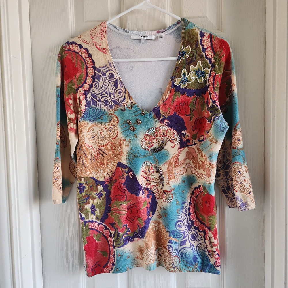 Vertigo Paris 3/4 Sleeve Colorful Beaded Sweater Top Size Large Y2K‎ Embellished